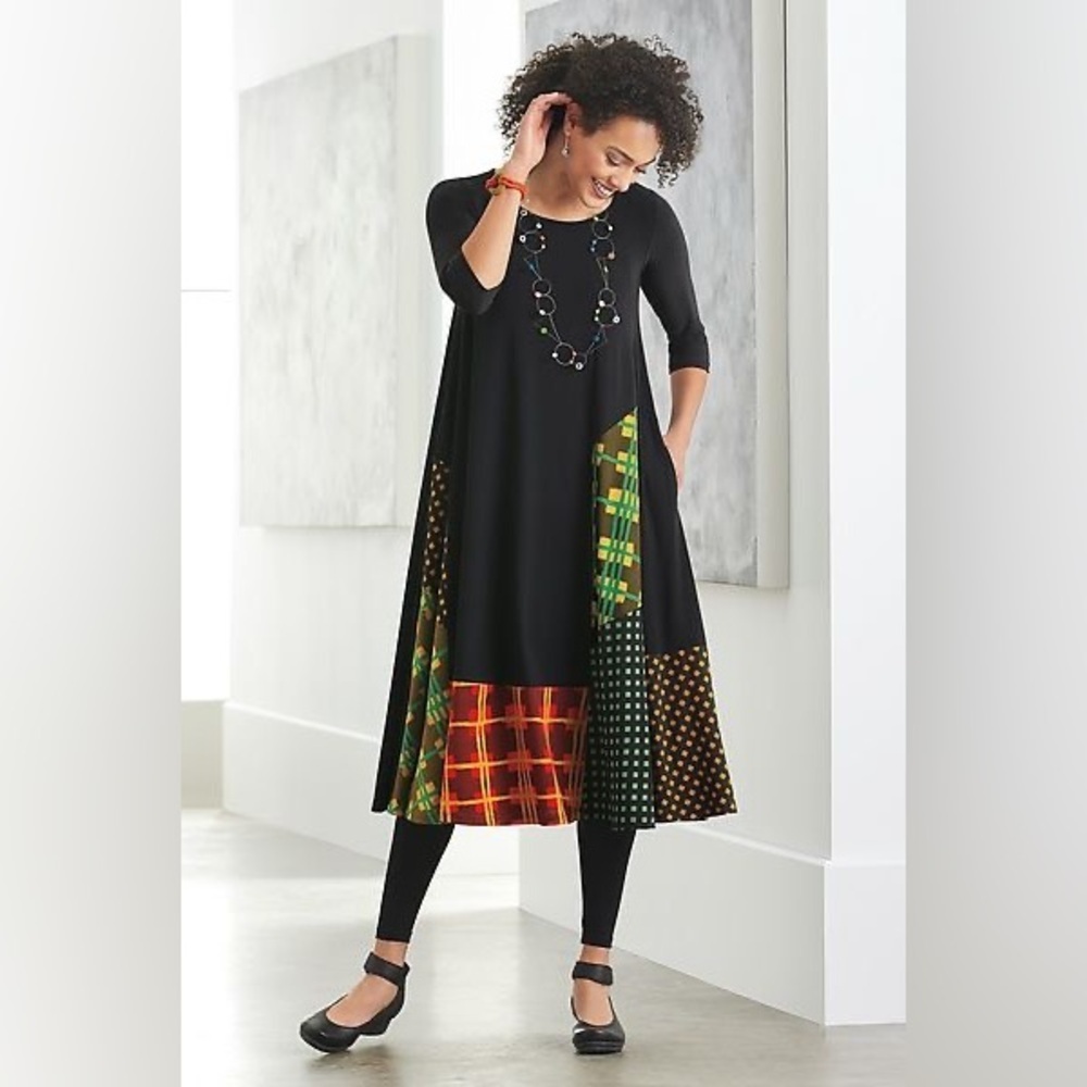 Alembika Black Patchwork Lagenlook Midi Dress Size 3 (10-12)